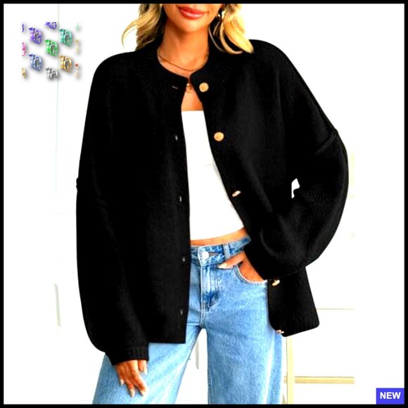 Oversized Chunky Knit Cardigan Lantern Sleeve Button Down Cozy Sweater - Picture 2 of 6